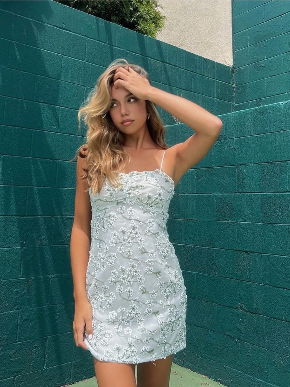 12th Tribe Mint Green Floral Lace Spaghetti Strap Mini Dress